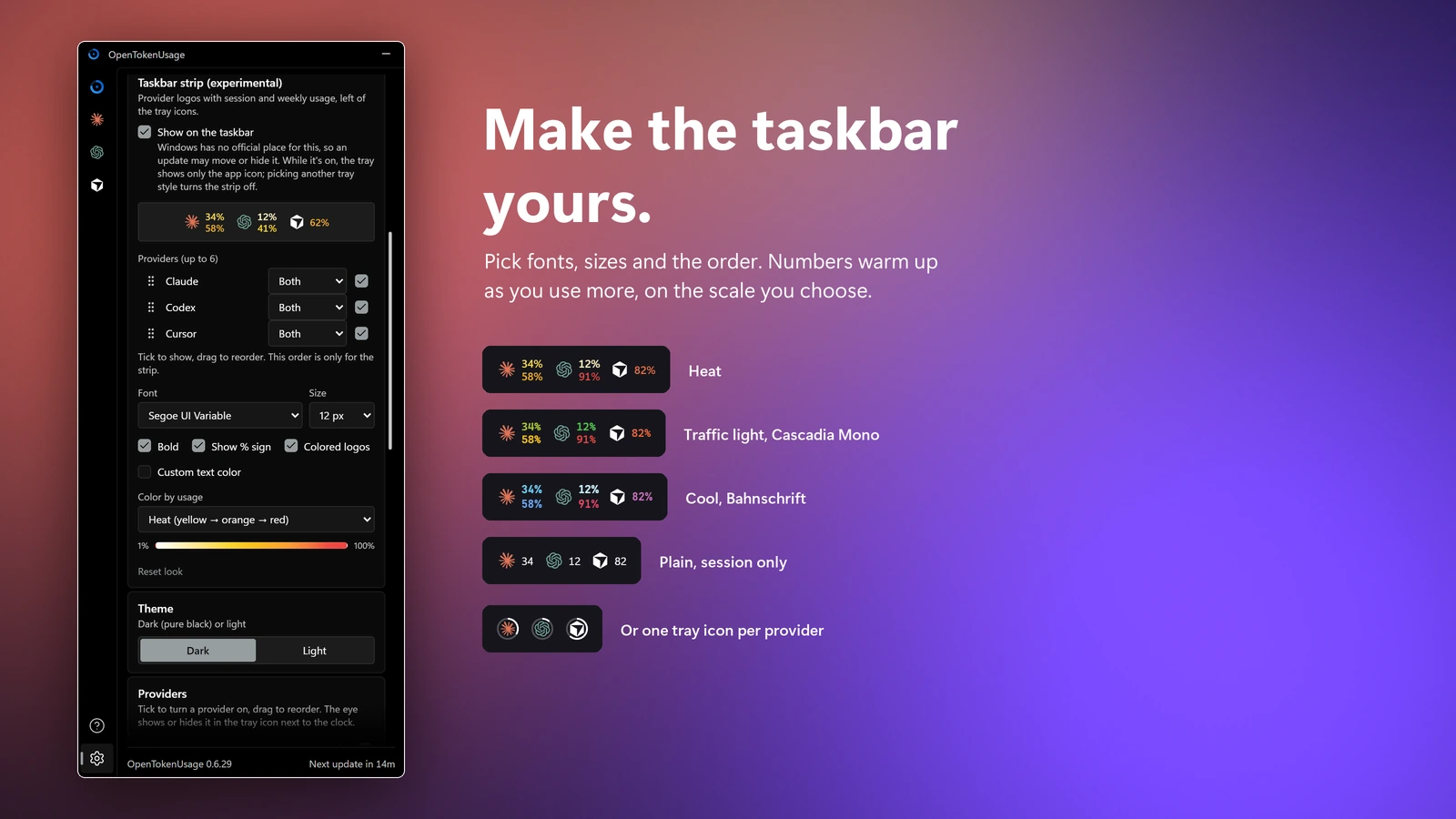 Taskbar strip settings with a live preview, and the strip shown in different fonts and color scales.